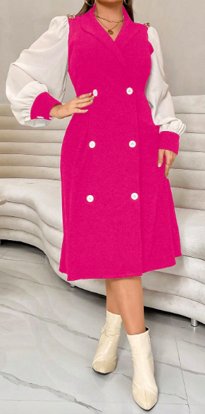 Elegant Pink Double-Breasted Dress 3XL