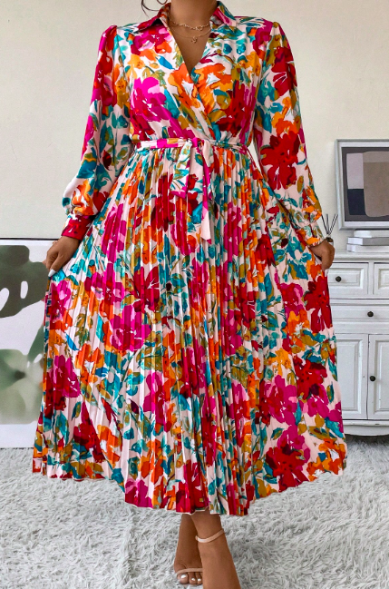 Floral Print Pleated Midi Dress 3XL