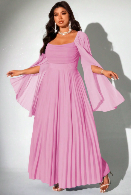 Elegant pink pleated maxi dress 5XL