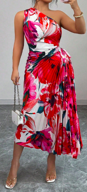 Floral One-Shoulder Midi Dress 3XL