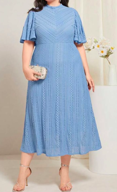 Elegant Blue Lace Midi Dress 2XL