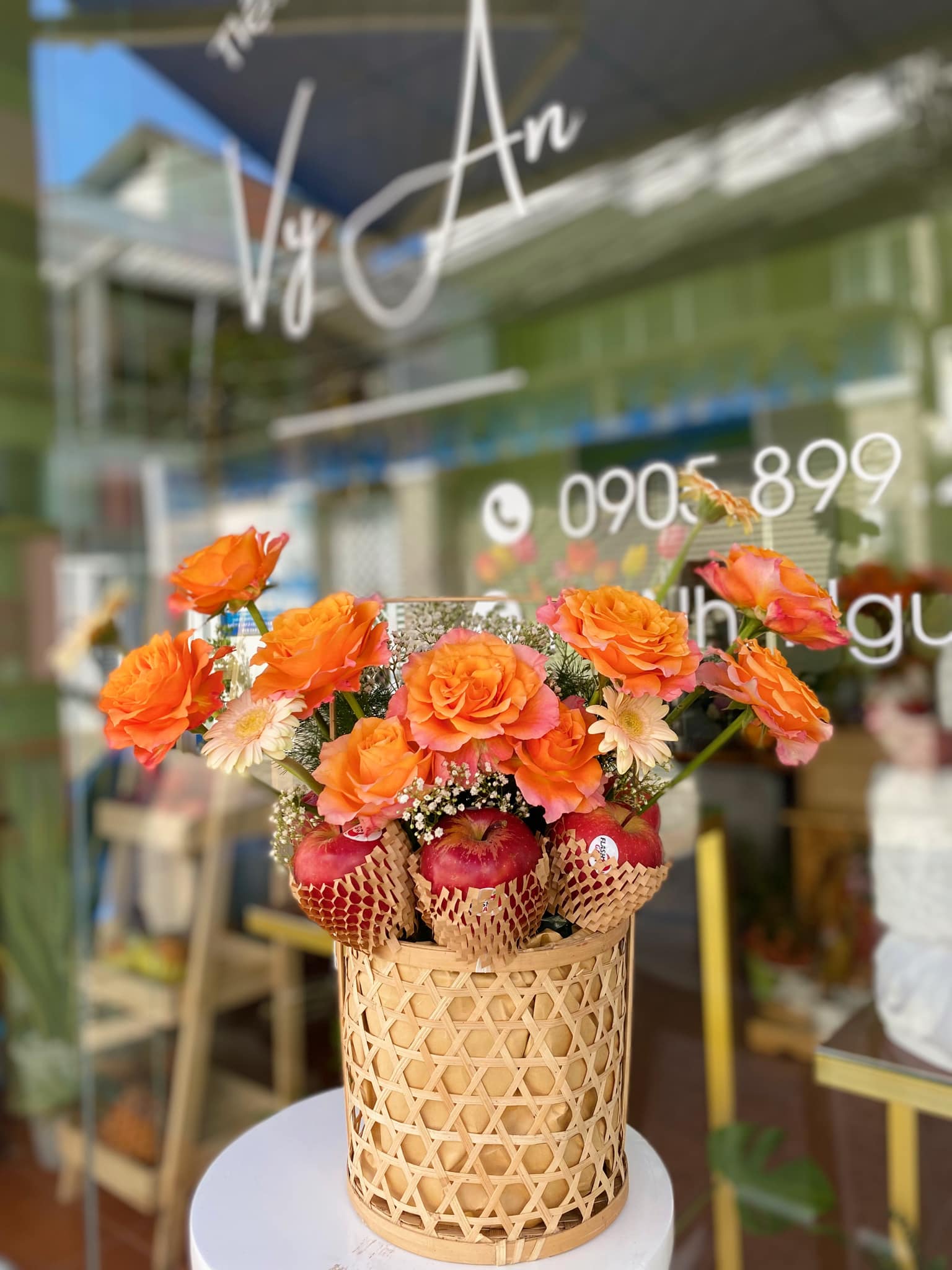 Orange Rose and Fruit Basket