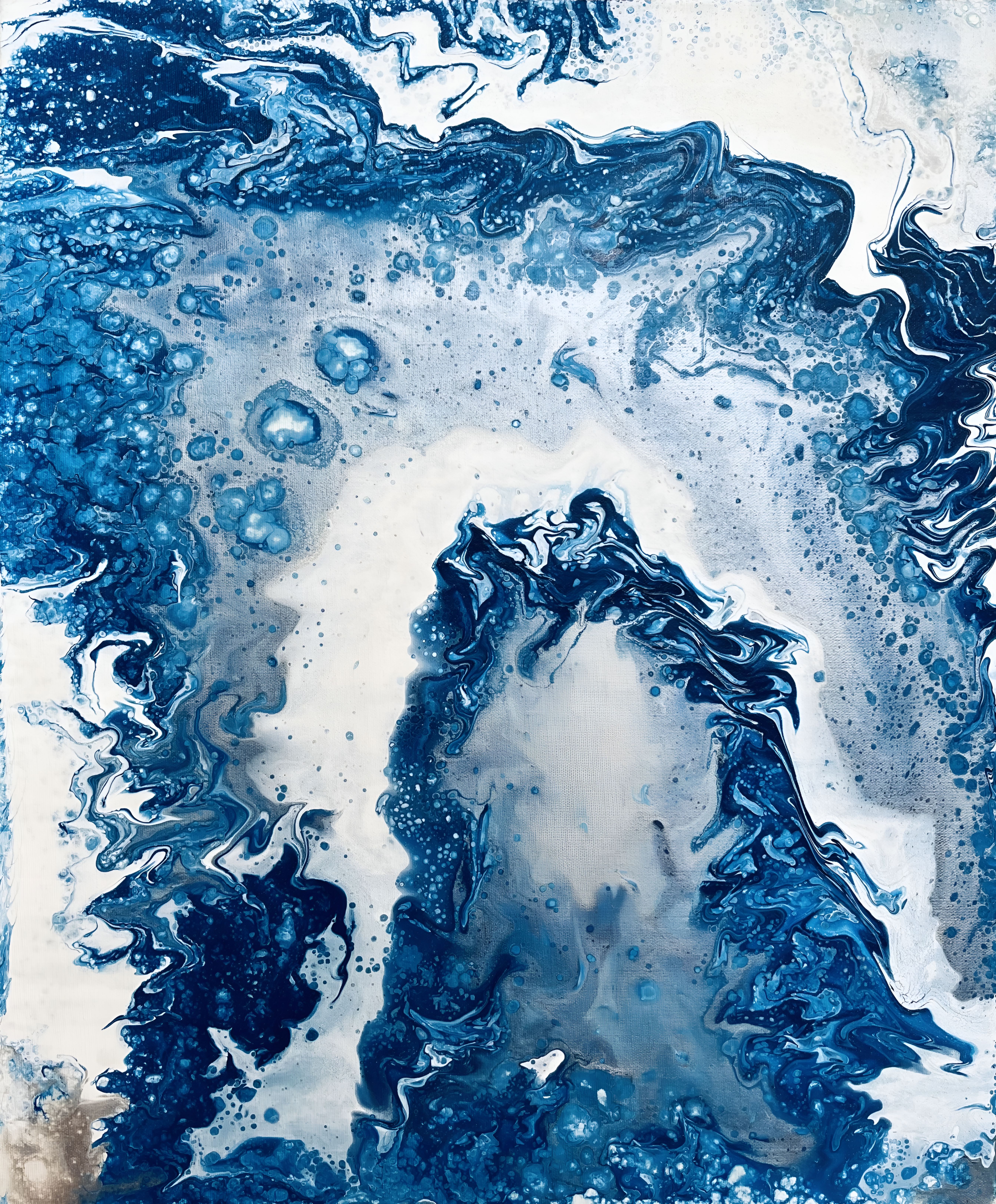 Abstract Blue Fluid Art Painting 3, Tempera 65 x 55cm