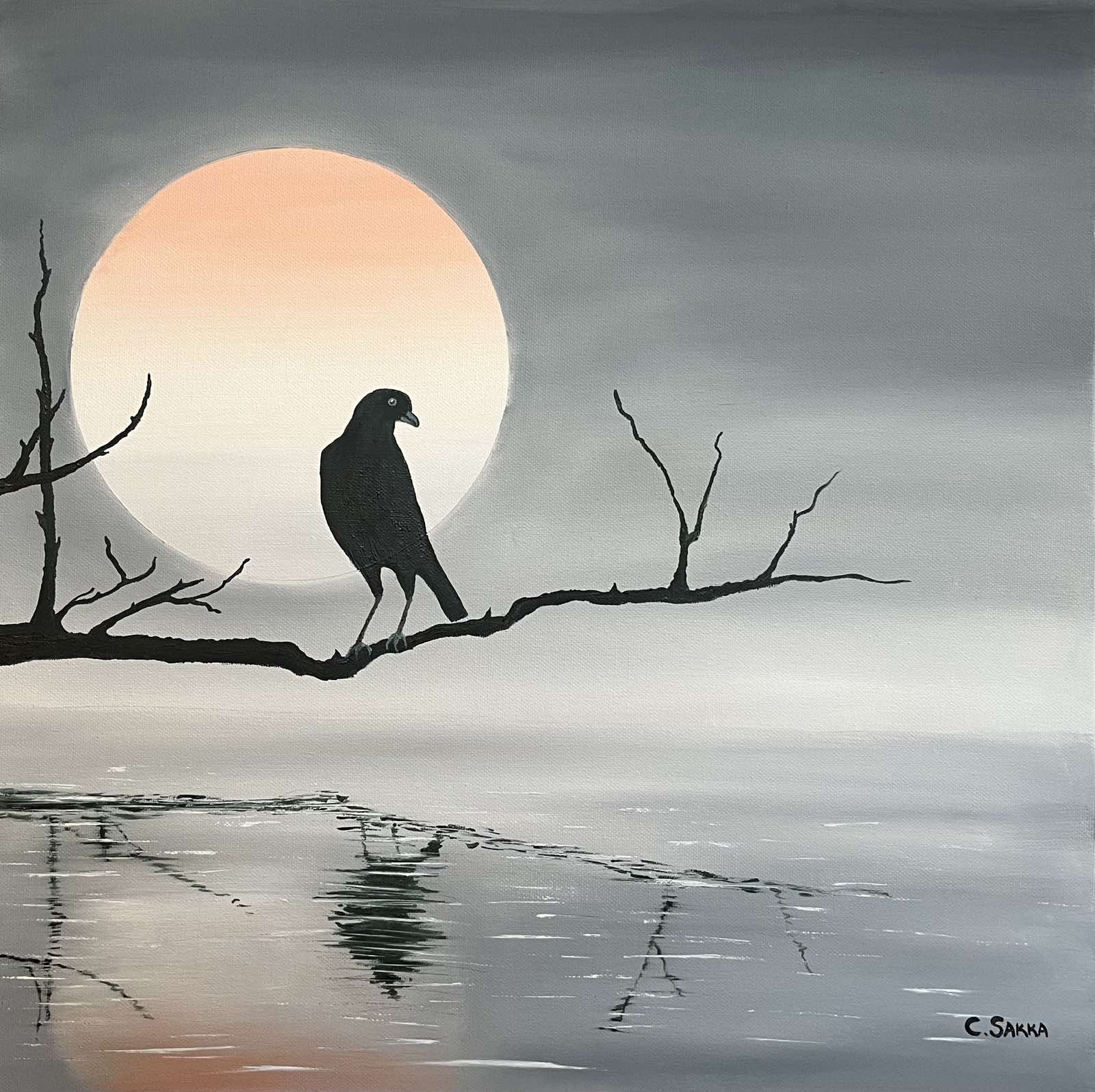 'Pink Moon Watcher' -Oil Painting, 50x50 canvas