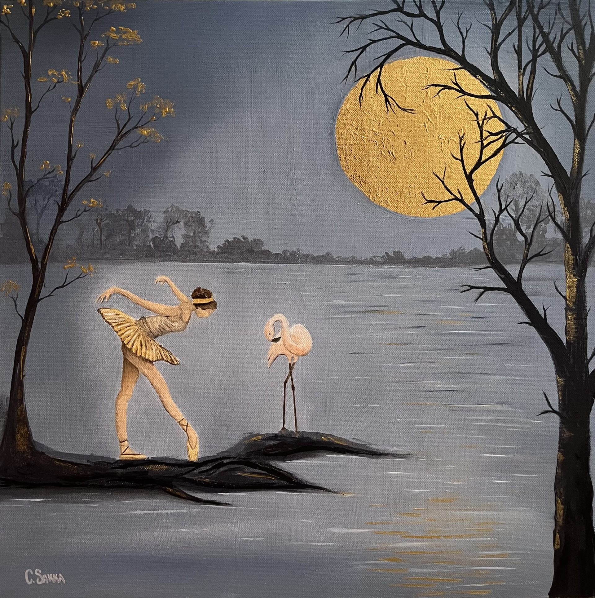 'Moonlit Duet' -  Oil and gold leaf on 50x50cm canvas 