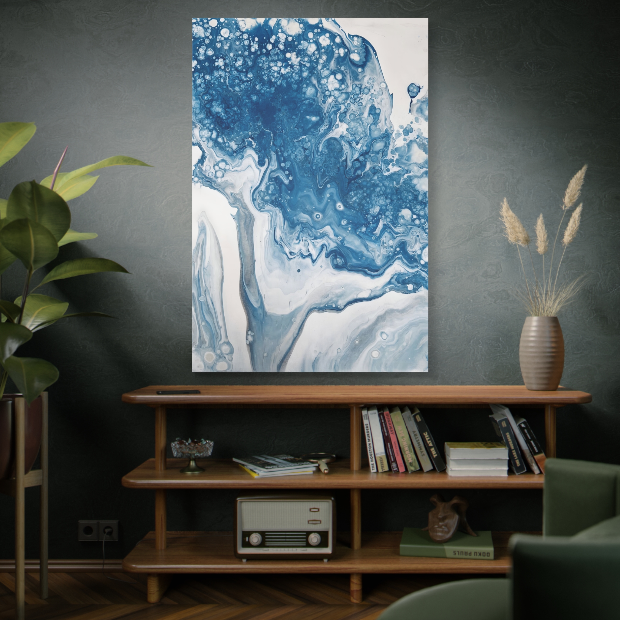 Abstract Blue Fluid Art Painting 2, Tempera 65 x 55cm