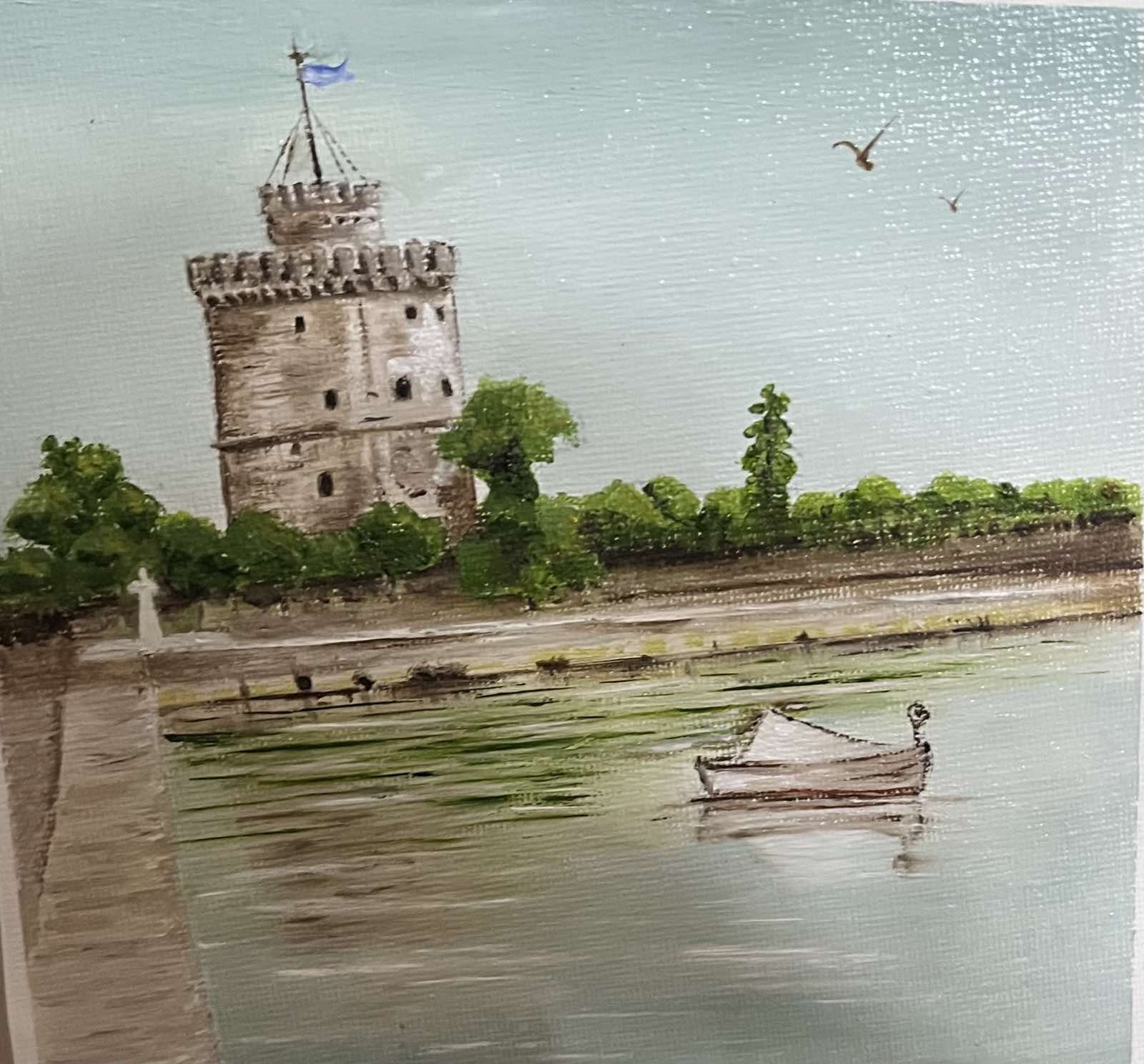 "White Tower Thessaloniki"-Oil Painting, 15x15cm