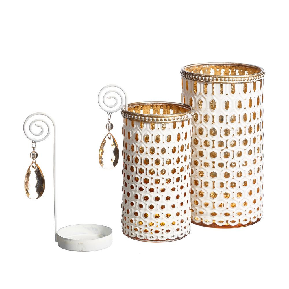 Bougeoir haut en verre blanc/or