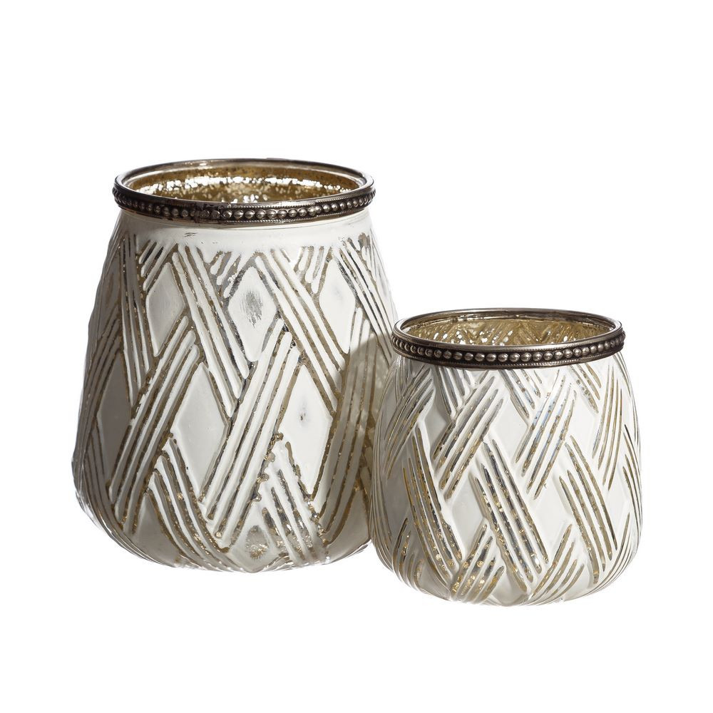 Bougeoir en verre blanc motif rayé