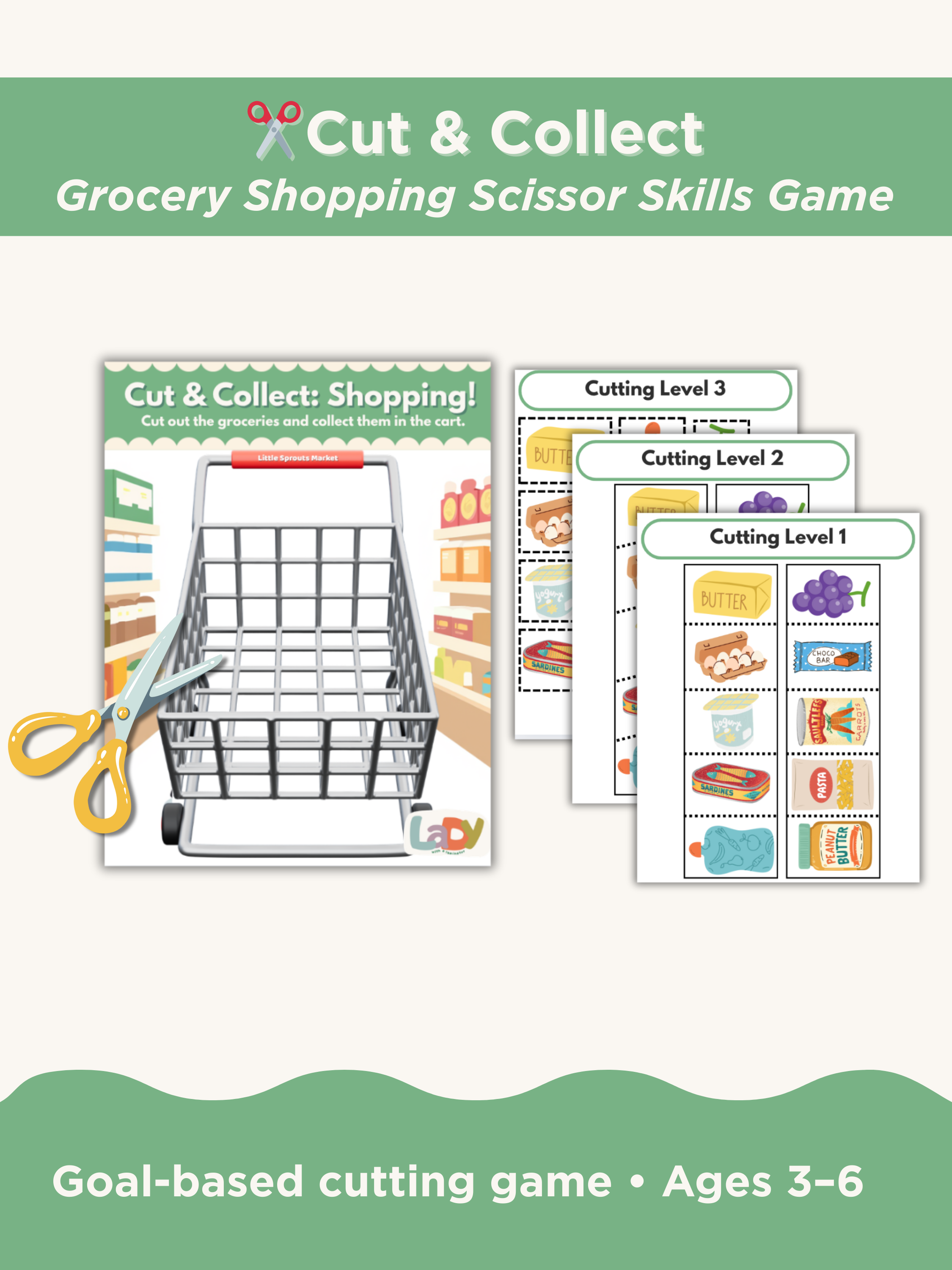 Grocery Shopping Scissor Skills Game for Toddlers & Preschoolers