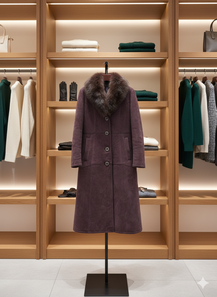 Plum Suede Coat with Fur Collar