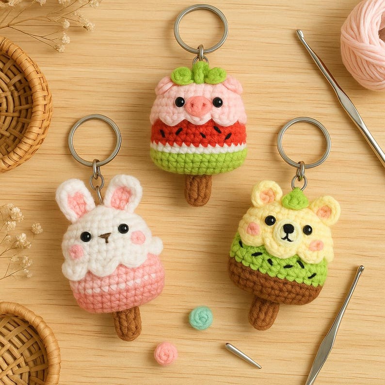 Crochet Ice Cream Keychain: Handmade Kawaii Fruit Amigurumi