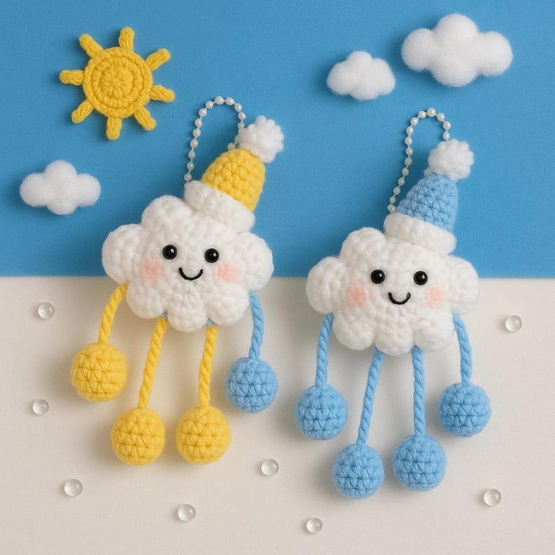 Crochet Cloud Keychain with Raindrops | Handmade Kawaii Charm