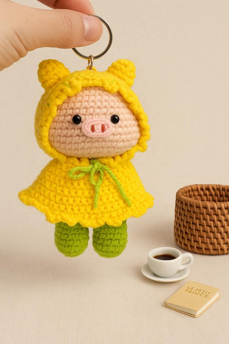Handmade Crochet Pig Plush: Kawaii Piggy Doll in Yellow Hood