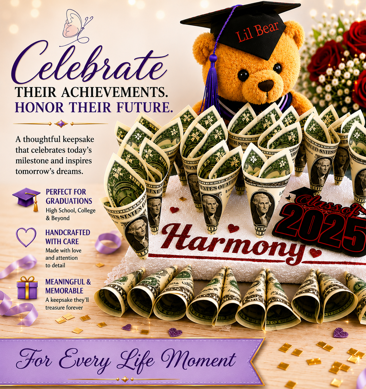 Graduation Money Bouquet with Teddy Bear