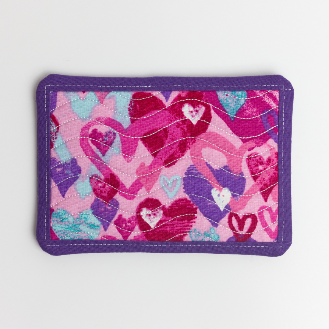 Mug Rug Hearts w/Purple Border, Wave Pattern