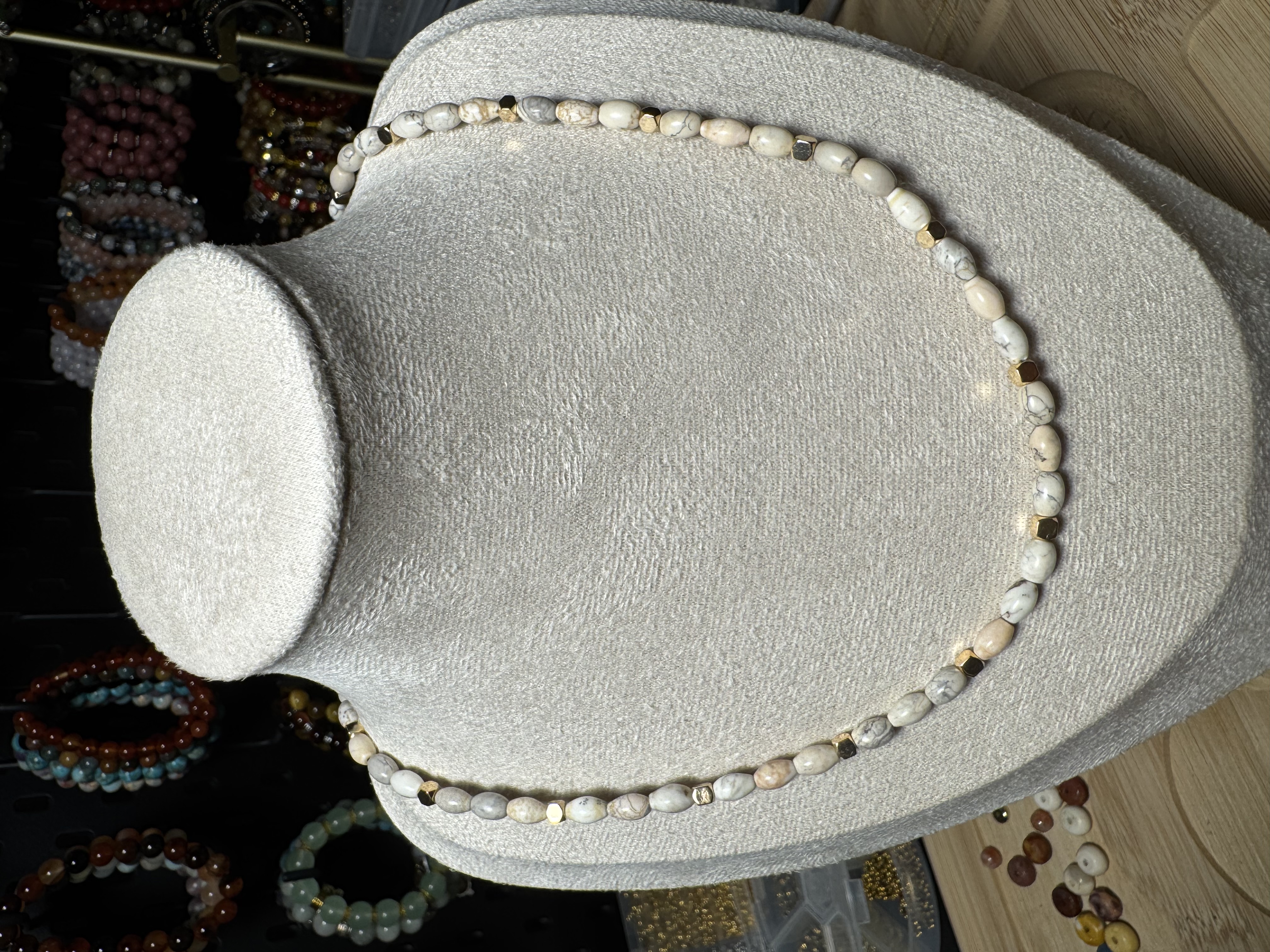 Natural White Howlite Beaded Necklace with gold accents