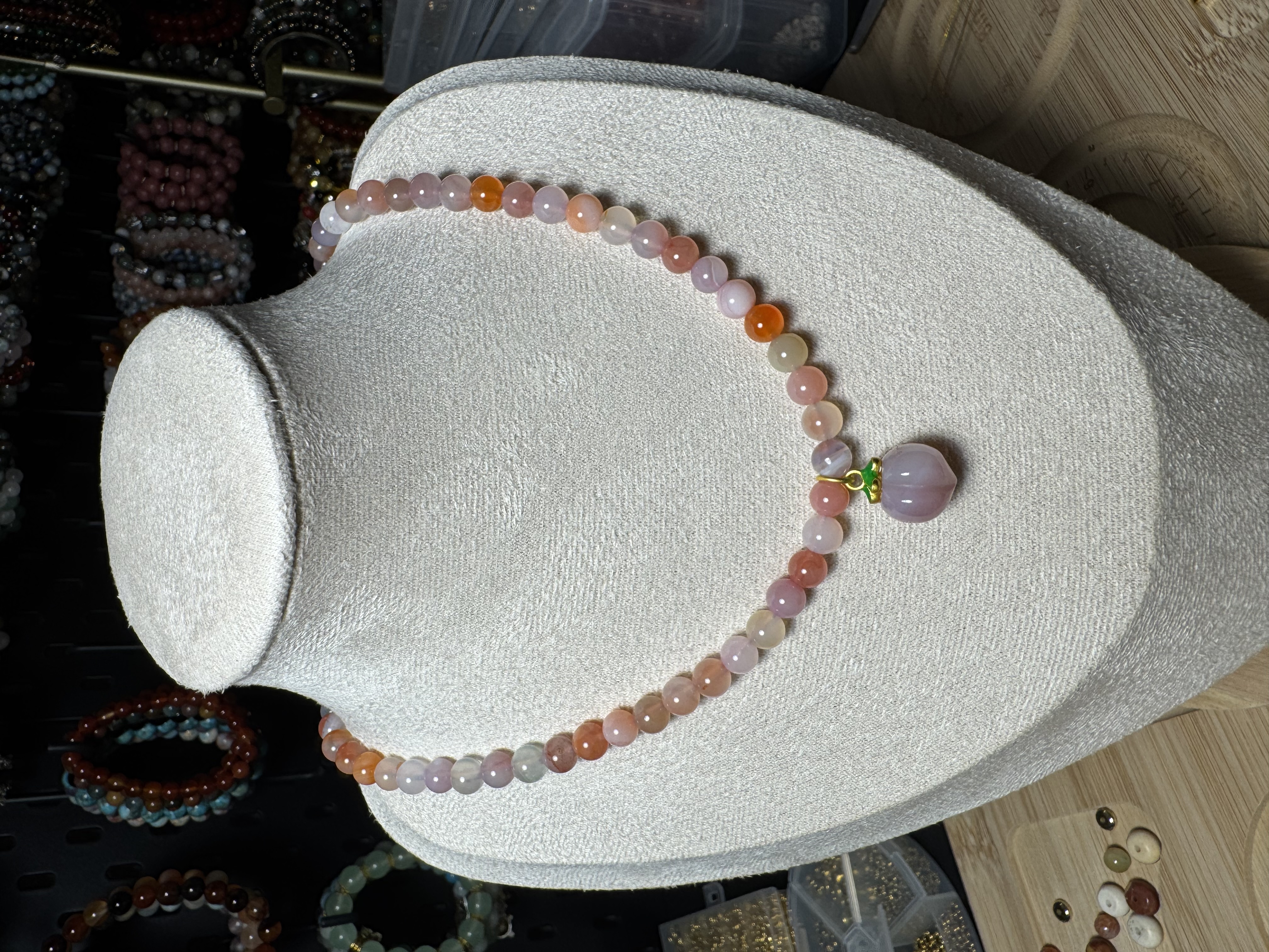 Natural Multicolor Chalcedony Necklace with Carved Chalcedony Peach Pendant