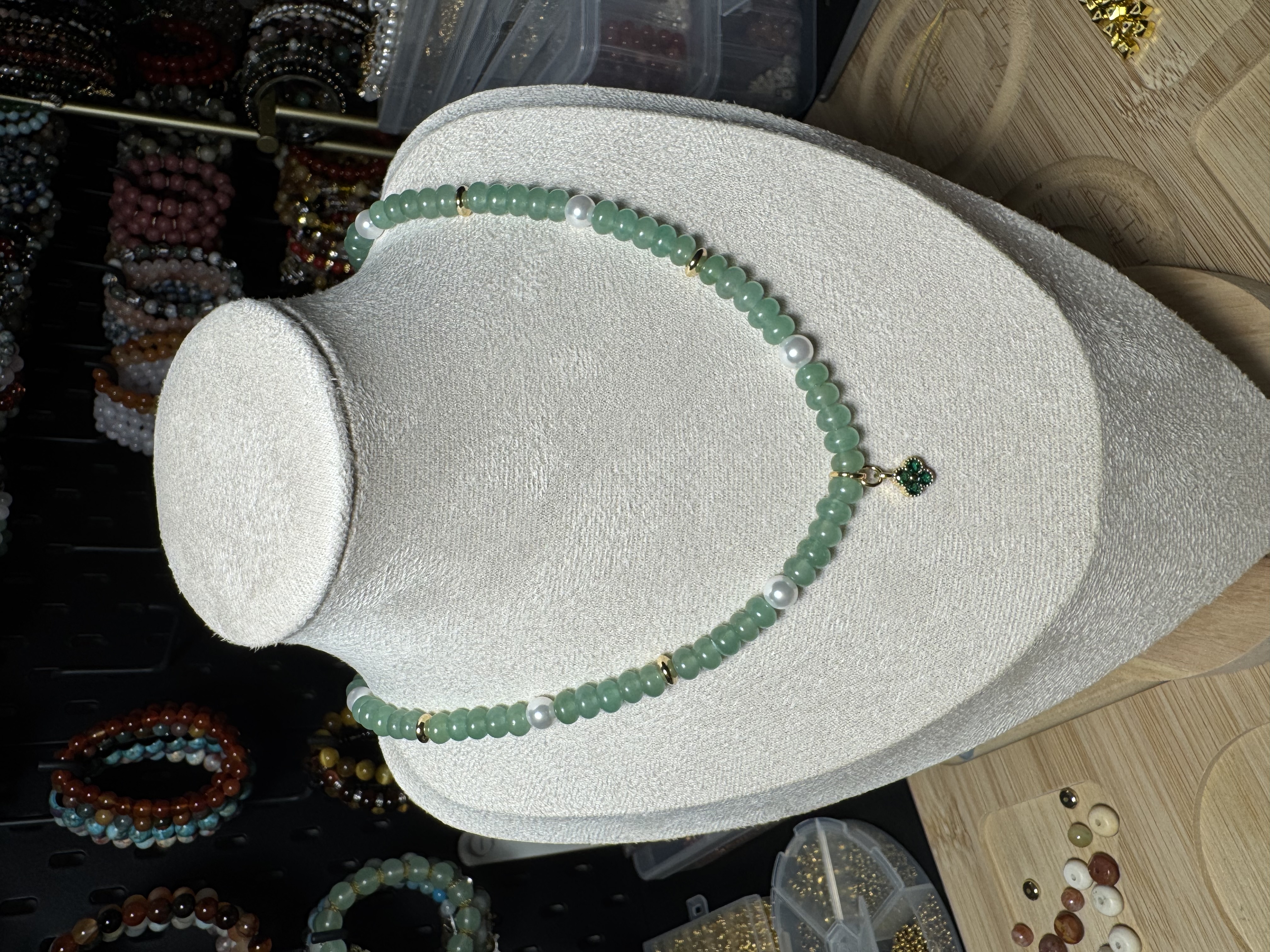 Green Beaded Necklace with Pearl Accents