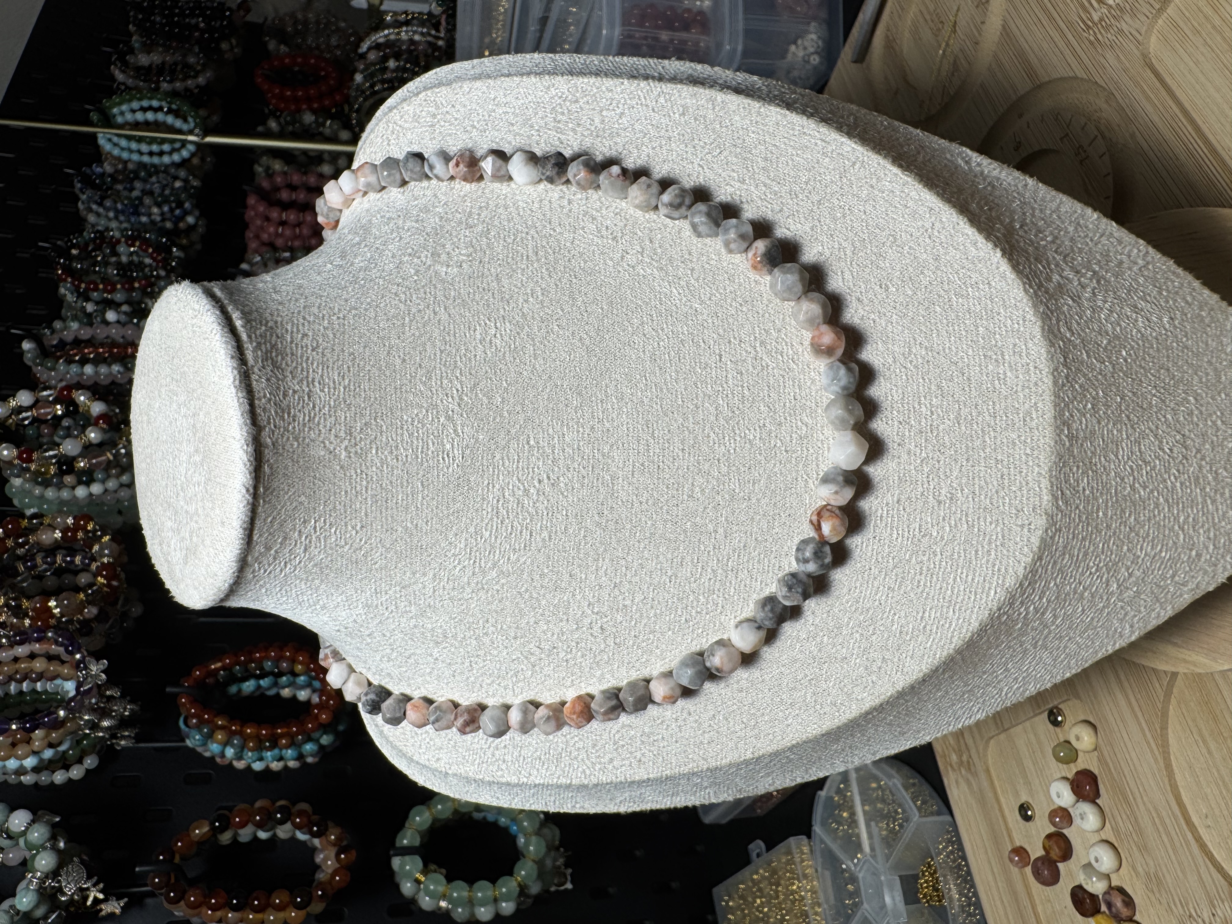 Natural Peach & Grey Jasper Faceted Bead Necklace