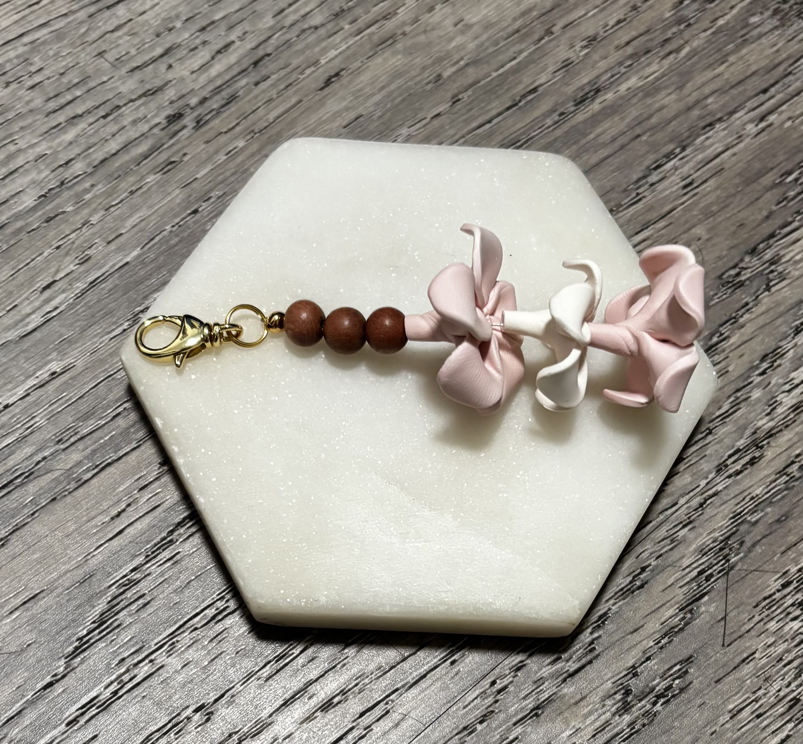 Handcrafted Pink & White Puakenikeni Keychain