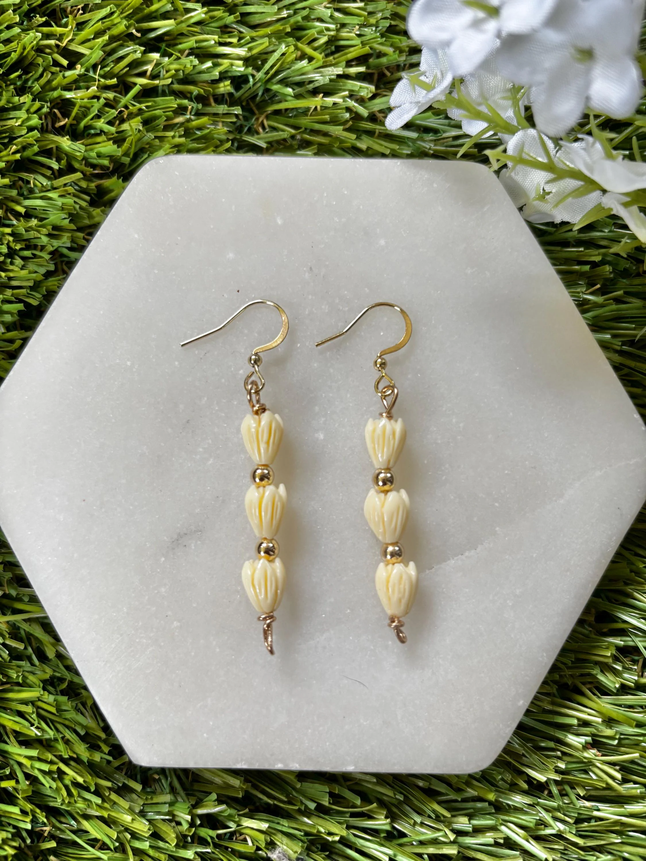 Triple Cream  Pikake Drop Earrings