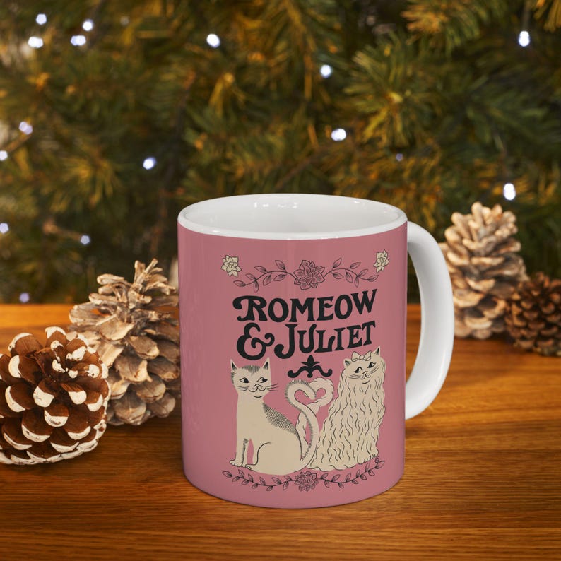 Romeow & Juliet Mug | Bookish Cat Pun, Classic Literature Pun With Cats, Book Lover Mug, Bookish Gifts, Theater Shakespeare Romeo and Juliet