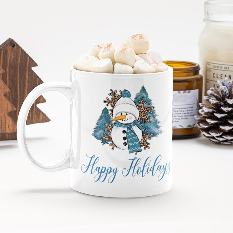 Happy Holidays Christmas Coffee Mug with Snowman, Hot Chocolate Mug, Hot Cocoa Mug, 11oz Mug, 15oz Mug, Holiday Mug, Secret Santa Gift