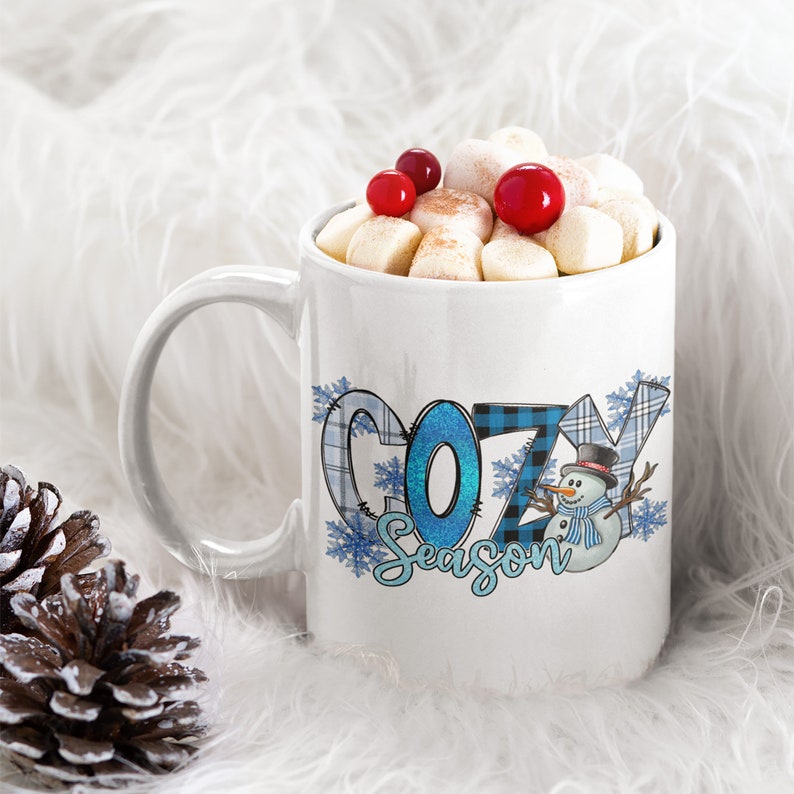 Christmas Mug featuring Blue Cozy Season Design, Hot Chocolate Mug, Christmas Coffee Mug, 11oz Mug, 15oz Mug, Holiday Mug, Secret Santa Gift