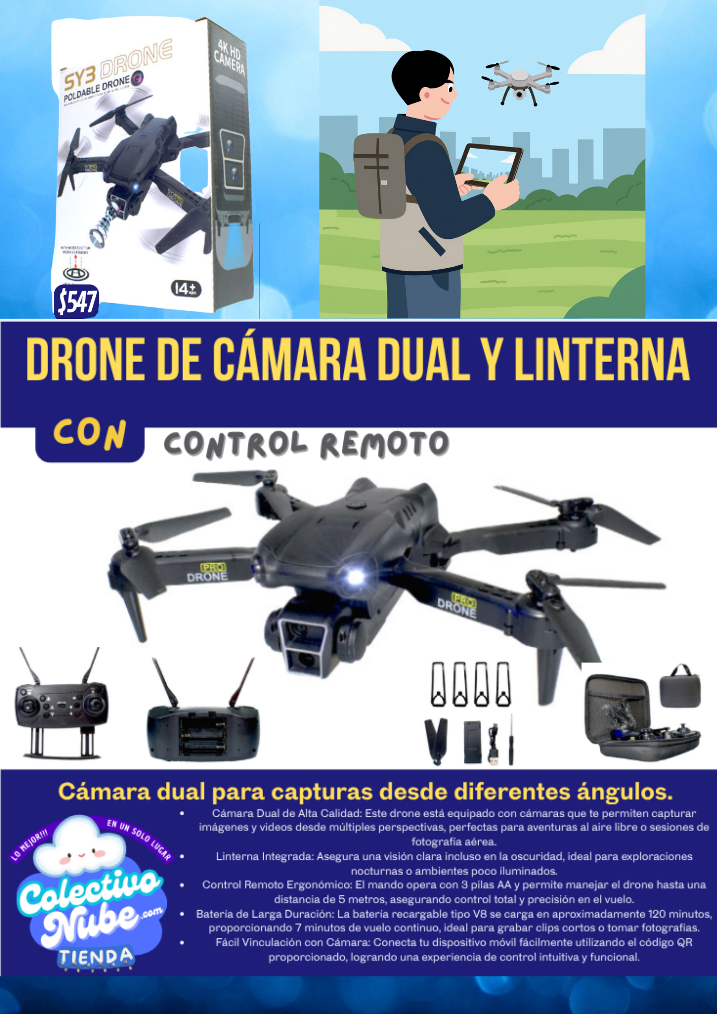 Drone de cámara dual y linterna