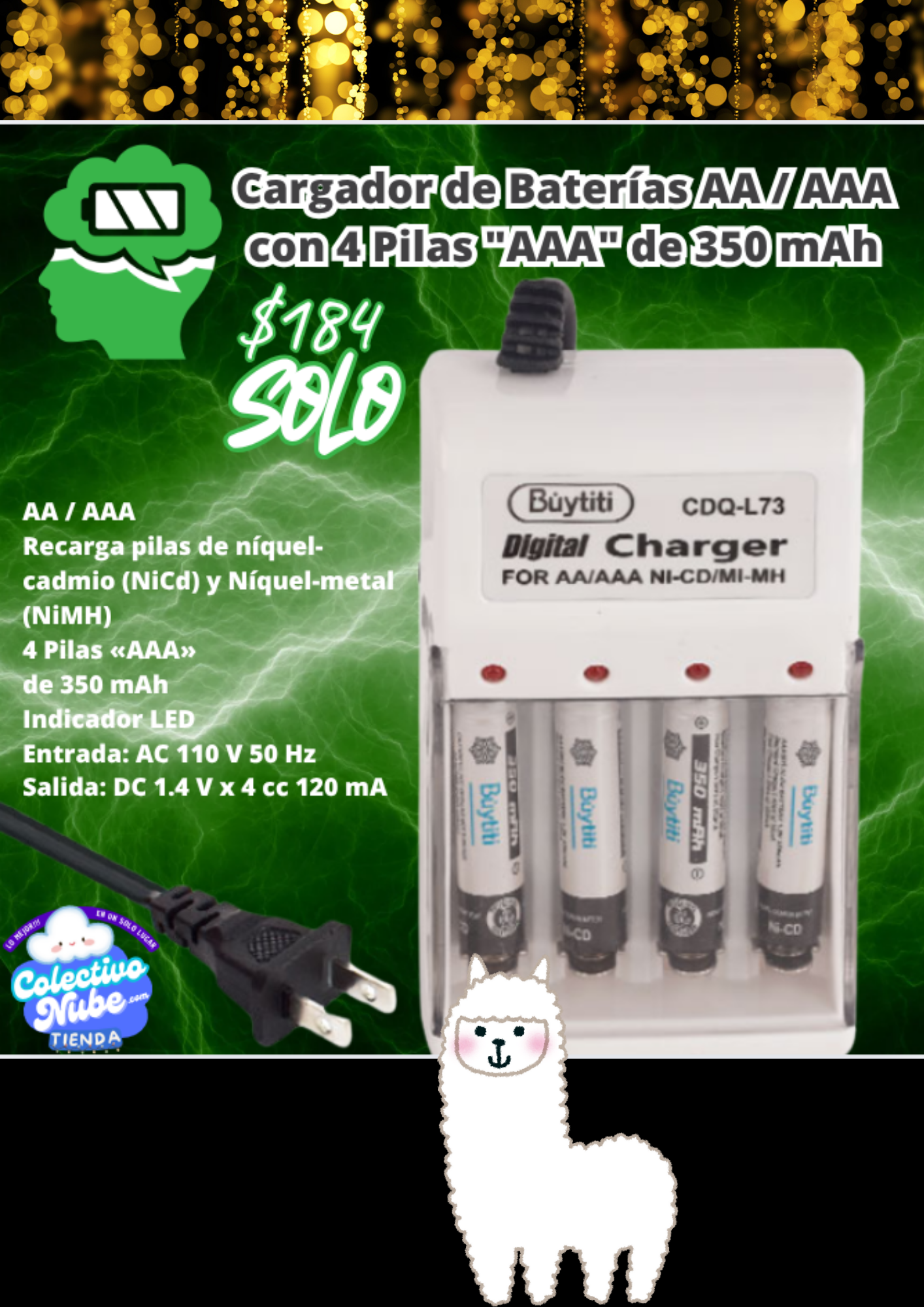 Cargador de baterías AA/AAA con 4 pilas AAA de 350 mAh
