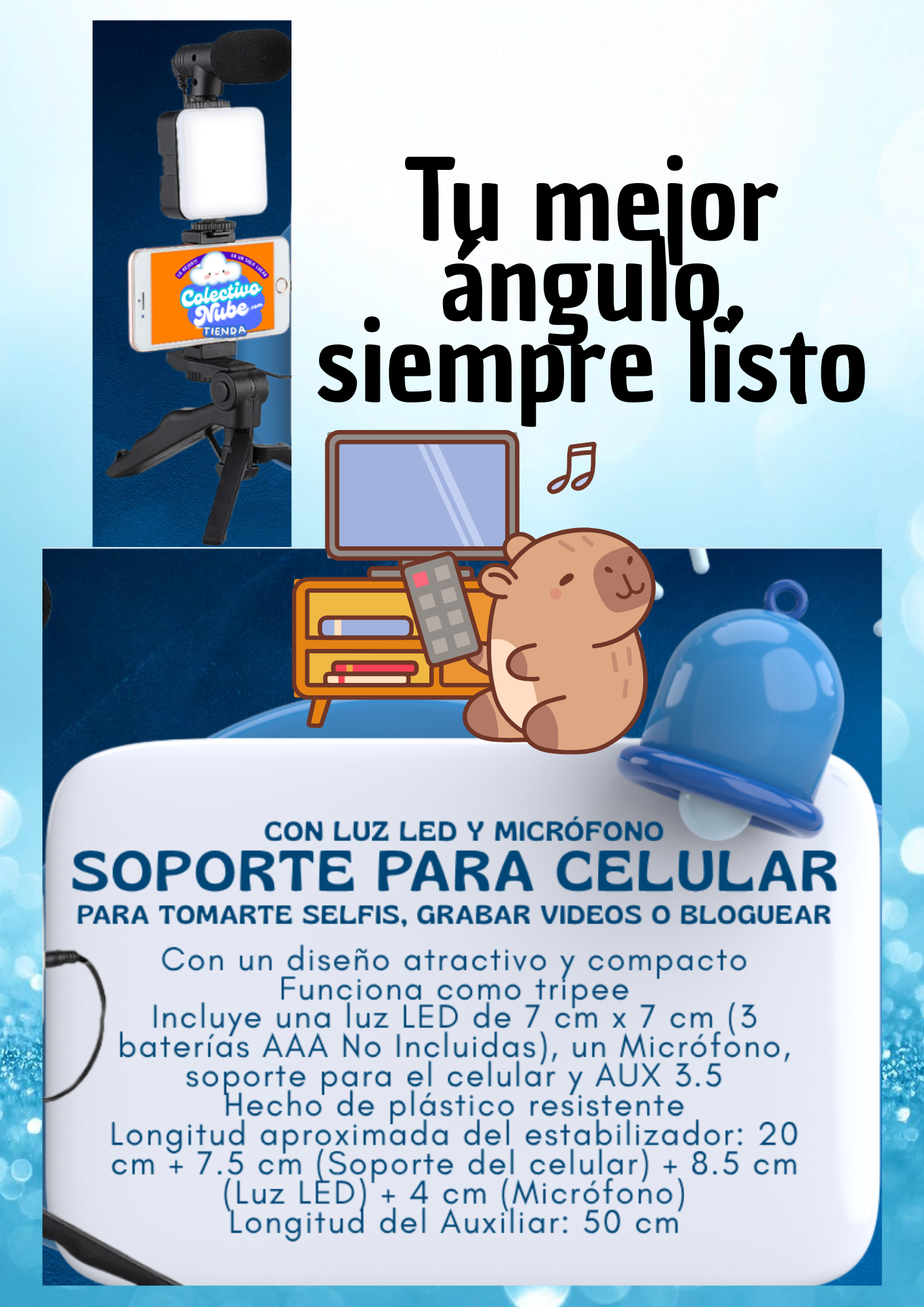 Soporte para celular con luz LED y micrófono