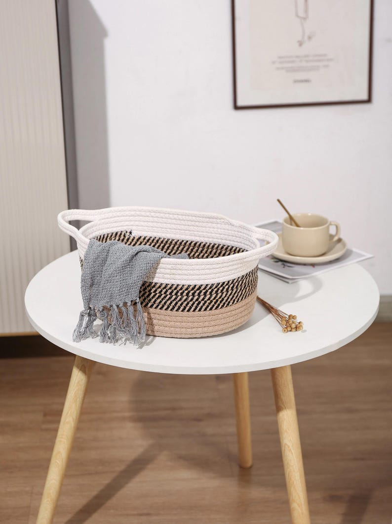 Cotton rope storage basket with handle: Handmade small brown home decor