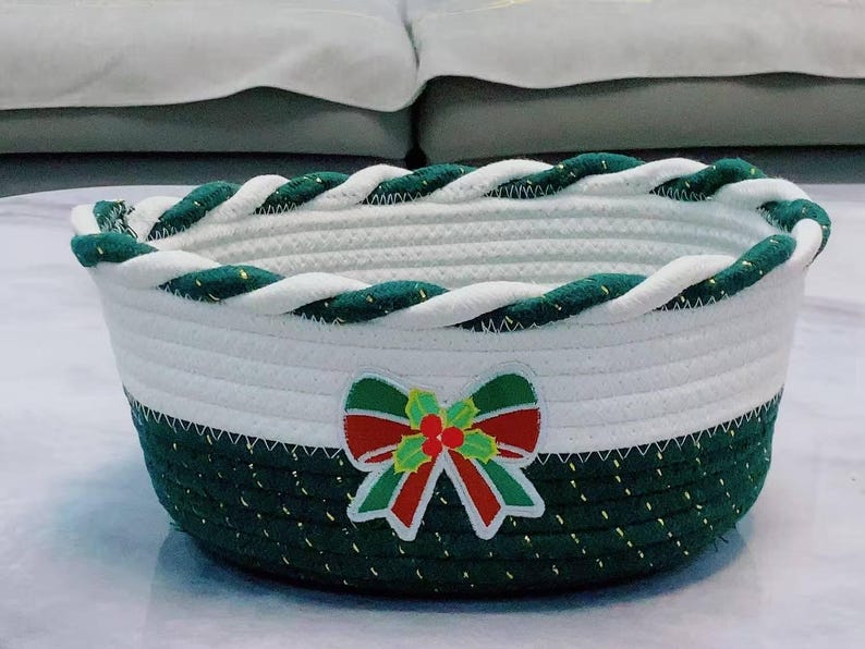 Bow-knot cotton rope storage basket with handle: small woven organizing basket