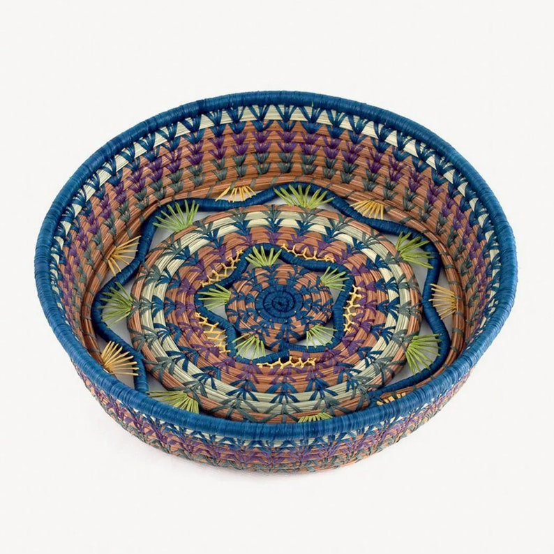 Rosenda Detailed Stitching Basket with Handwoven Navy Blue, Green and Beige Star Detail