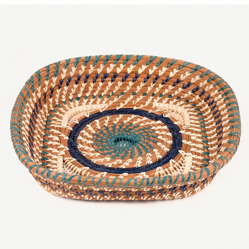 Micaela Basket Lagre Square Basket with Teal Green, Brown and Beige White Handwoven Detail