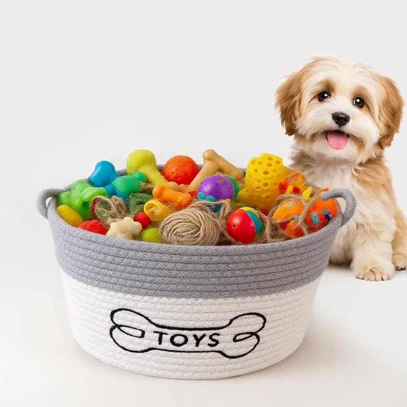 Cotton rope storage basket with embroidered handle.