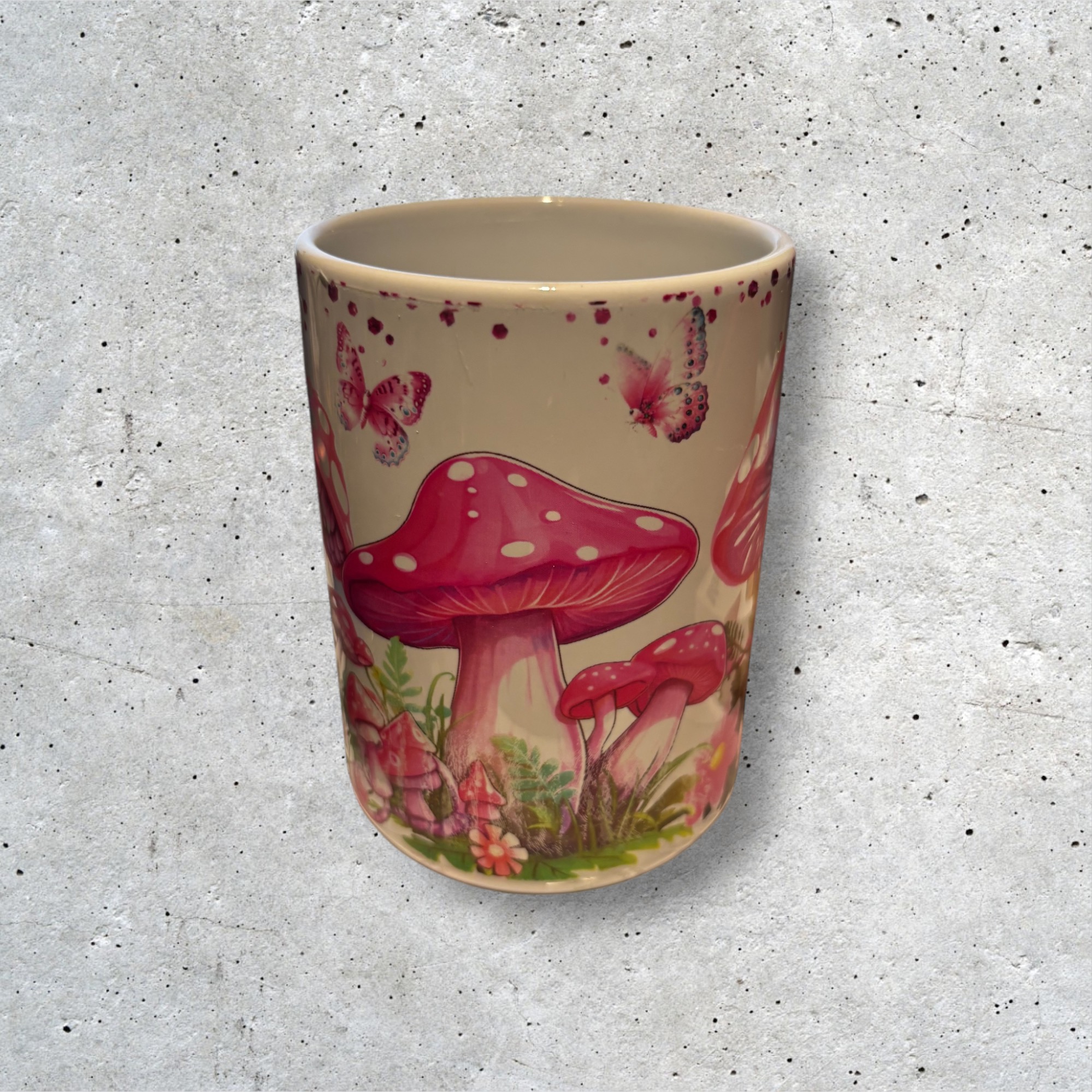 Mushroom-themed ceramic mug