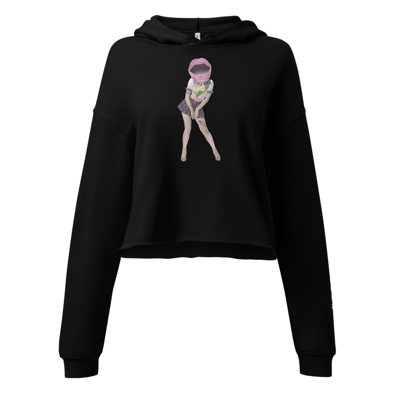 Women Black Cropped Hoodie with Unique Graphic Art