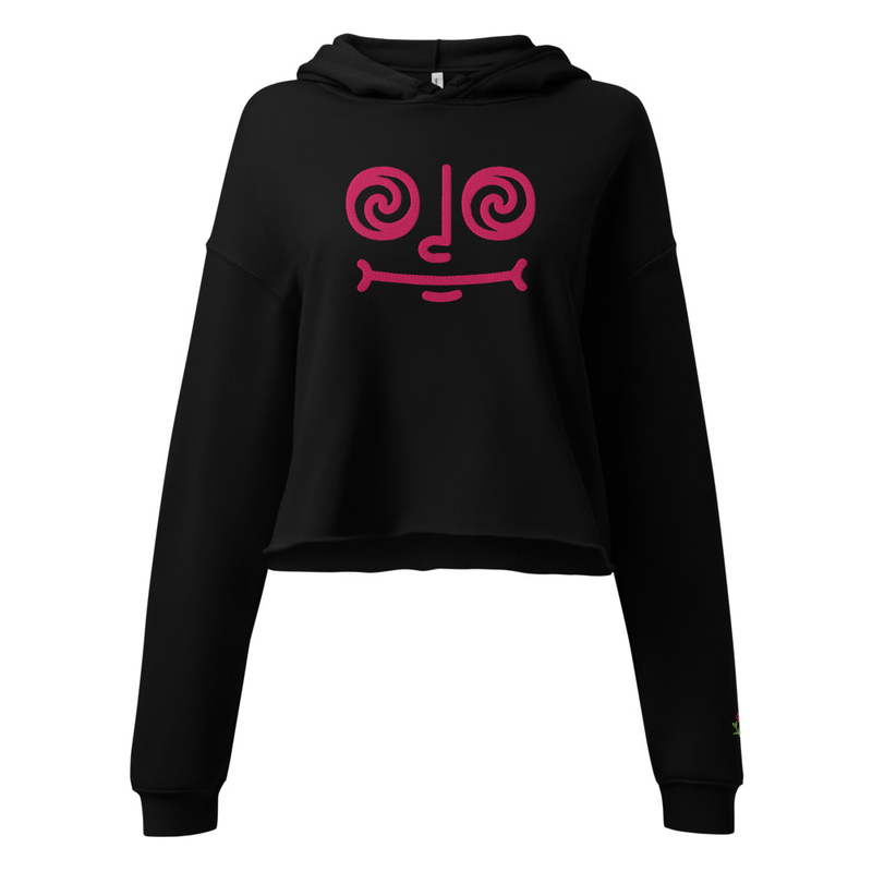 Women Black Cropped Hoodie with Pink Swirl Face