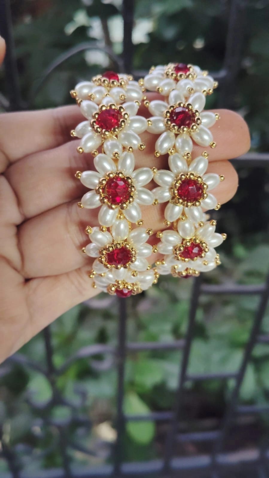 Parijatak Saaj Bangles – Red Floral Pearl Kadas