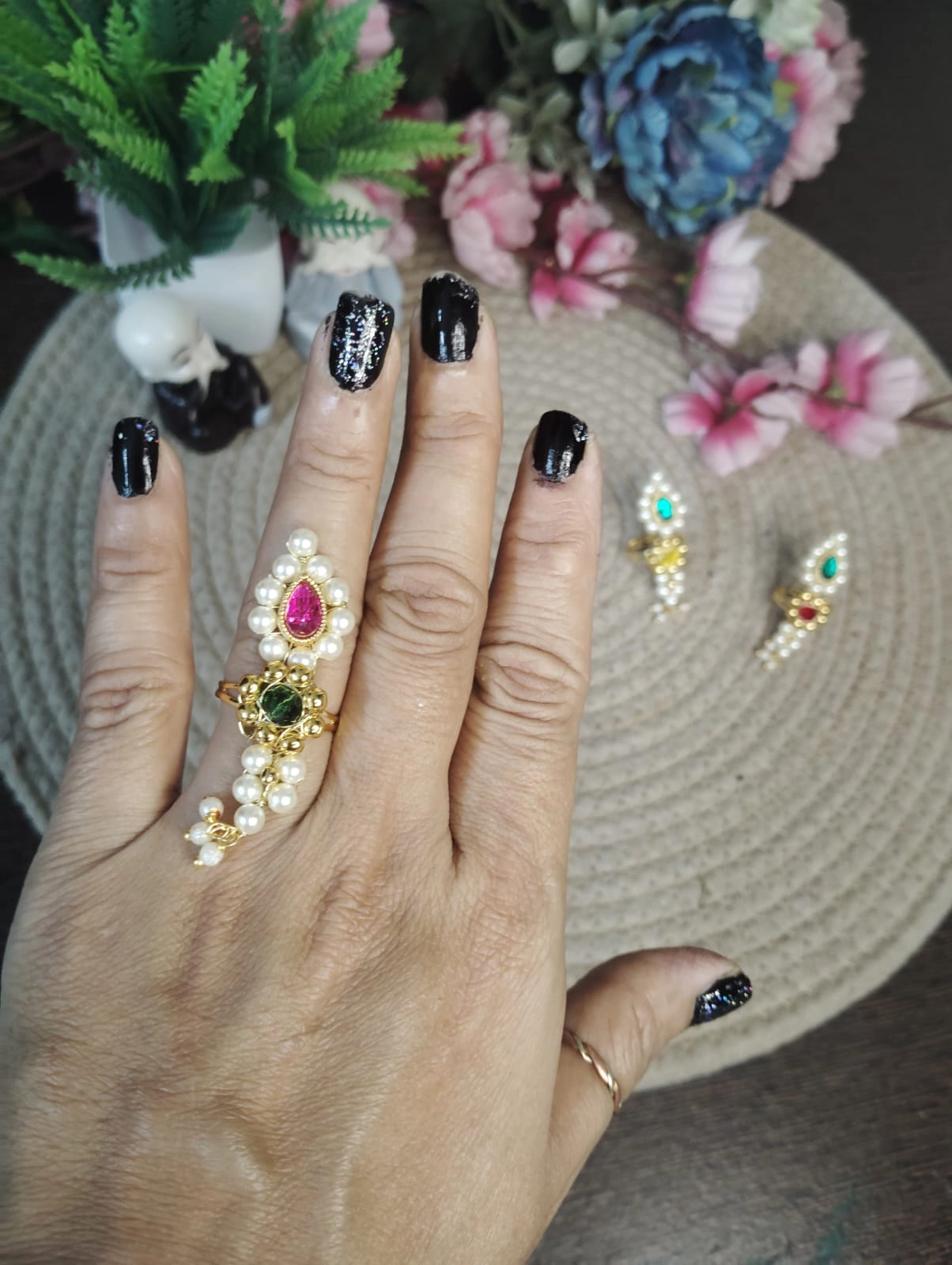 Nath Finger Ring – Traditional Green Pearl Statement Ring