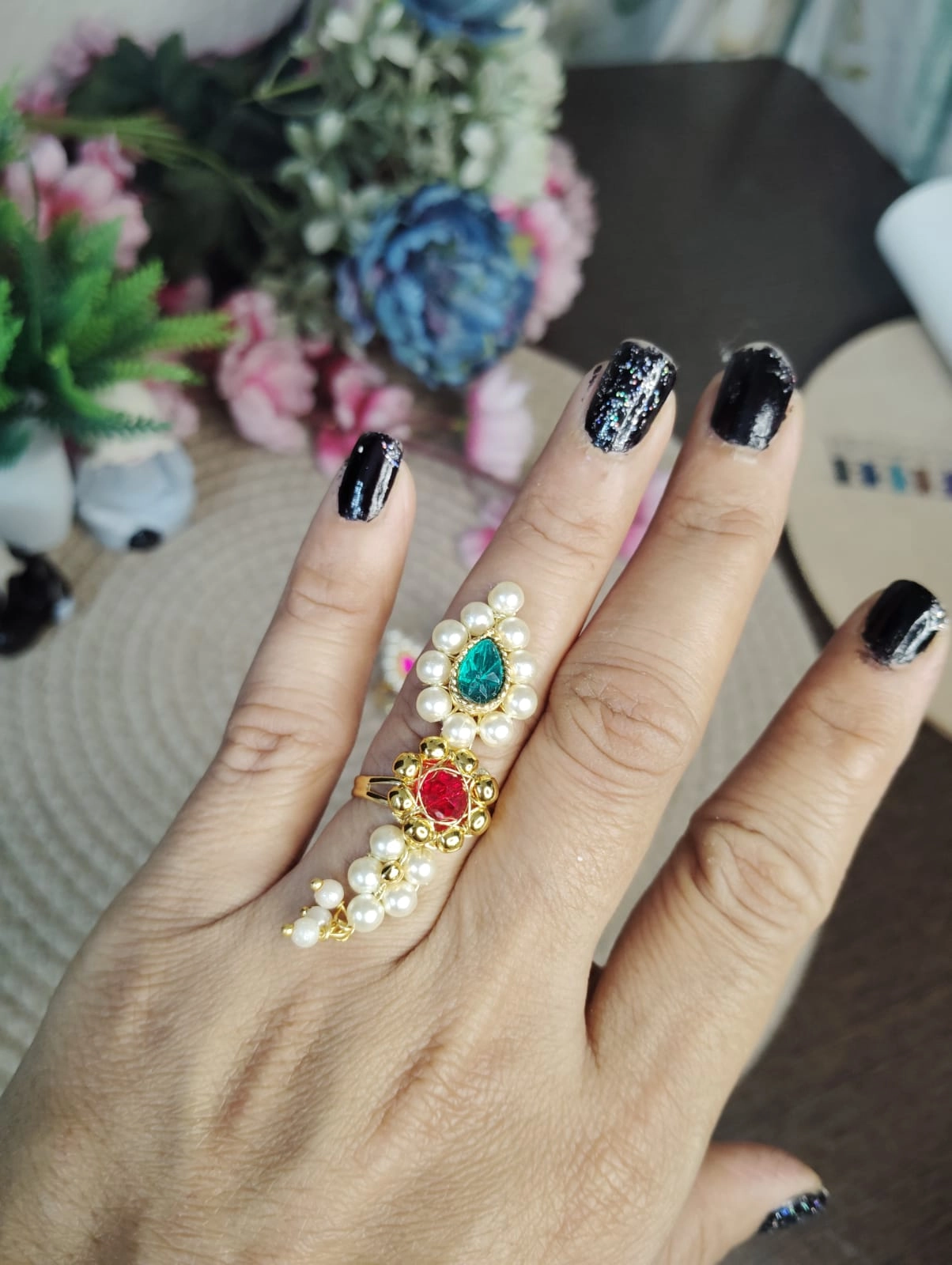 Nath Finger Ring – Traditional Red Pearl Statement Ring