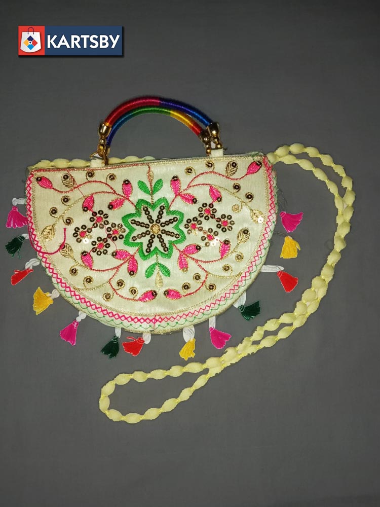 Embroidered Semi-Circular Handbag