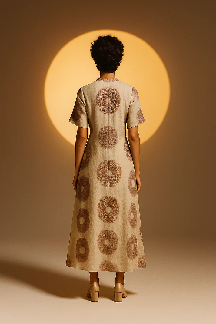 SEZANE: Hand printed Cotton Flax Midi Boho Dress