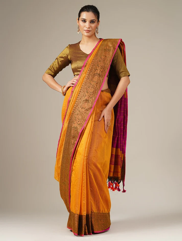 DEVI: Woven Silk Saree with Zari Border