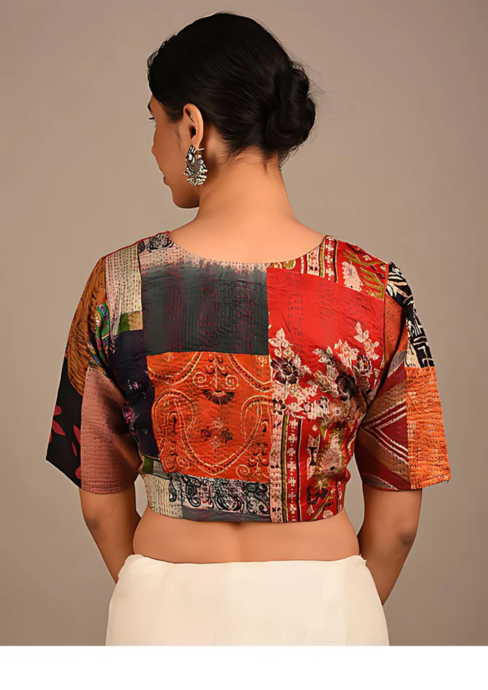 Red Kantha Saree Silk Blouse