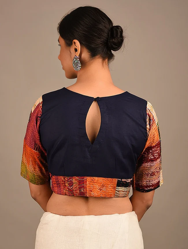 Navy Kantha Saree Silk Blouse