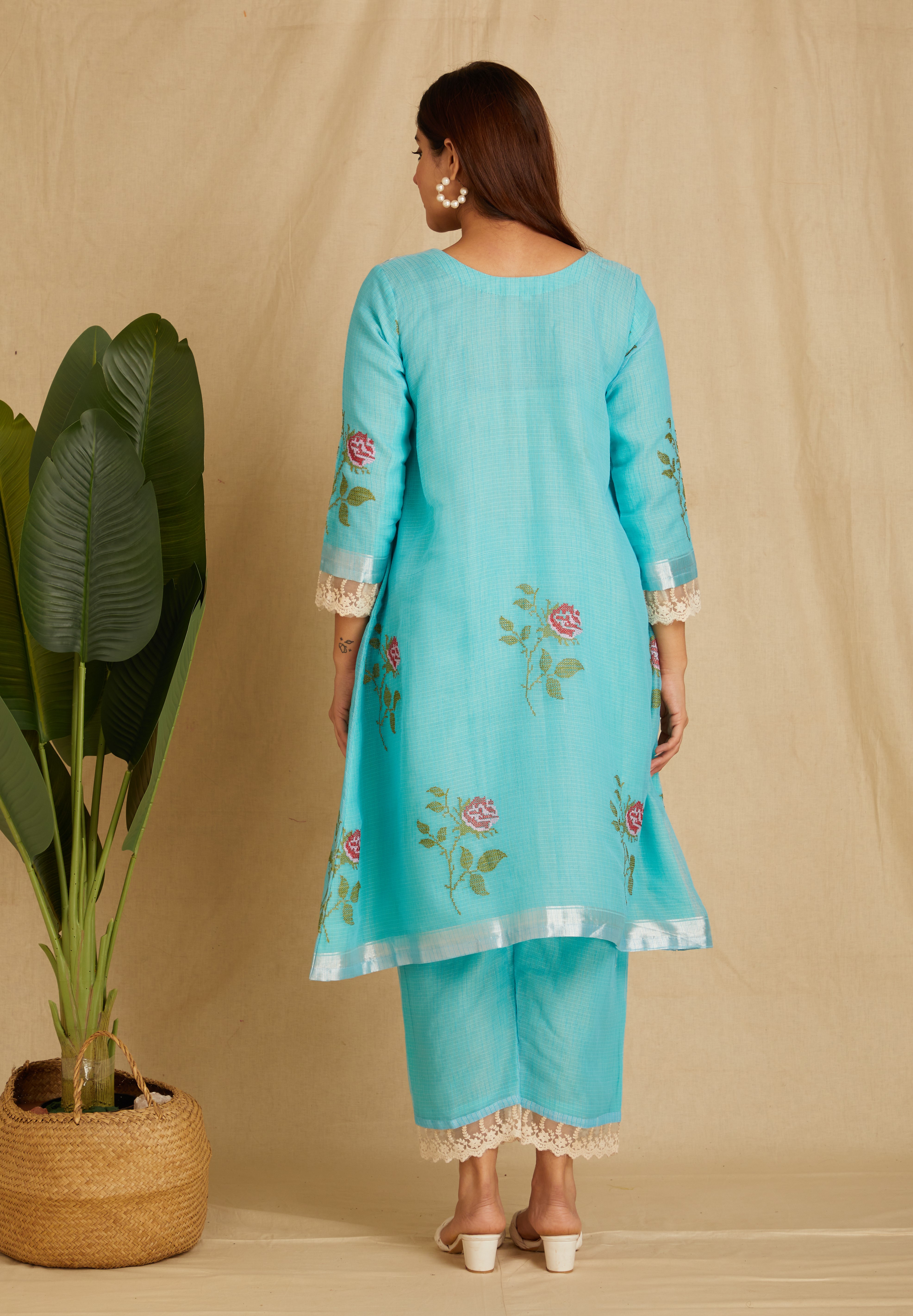 SVARA: Blue Embroidered Kota Doria Kurta Set