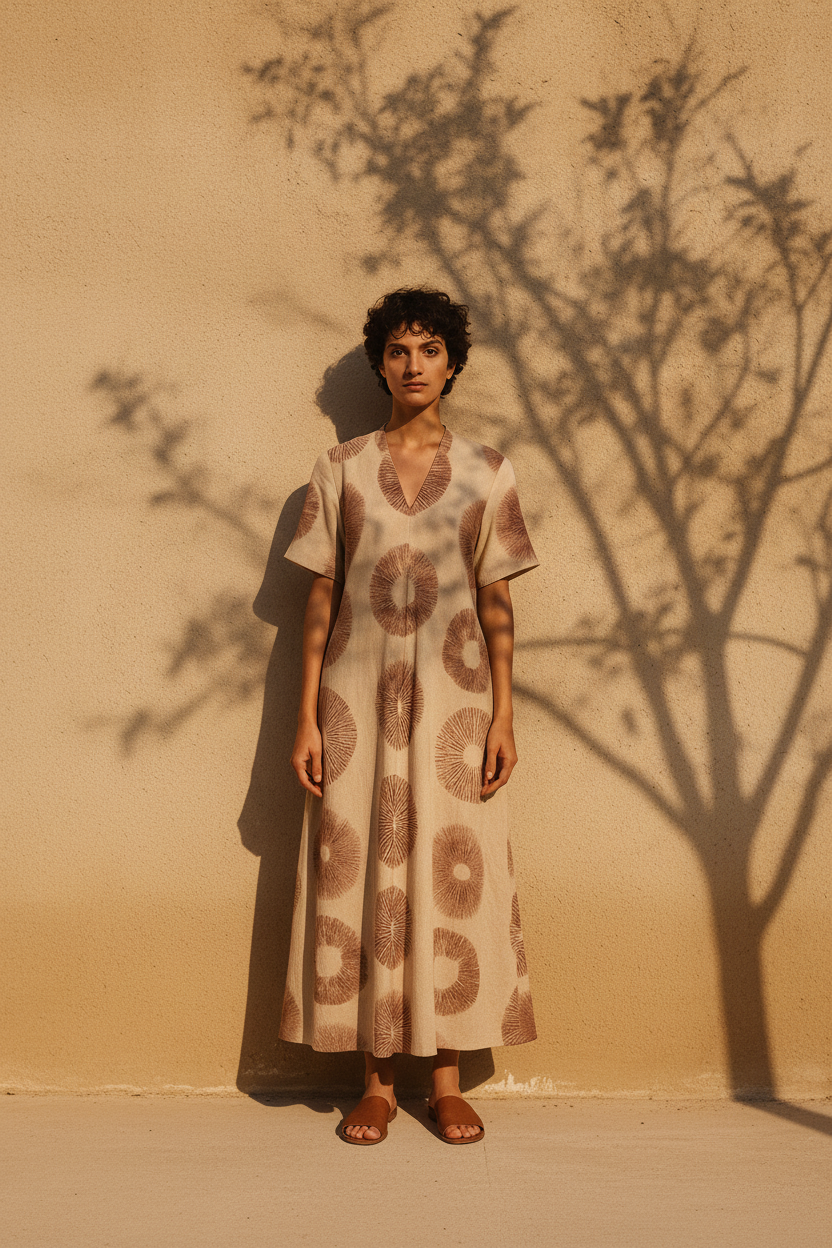 SEZANE: Hand printed Cotton Flax Midi Boho Dress